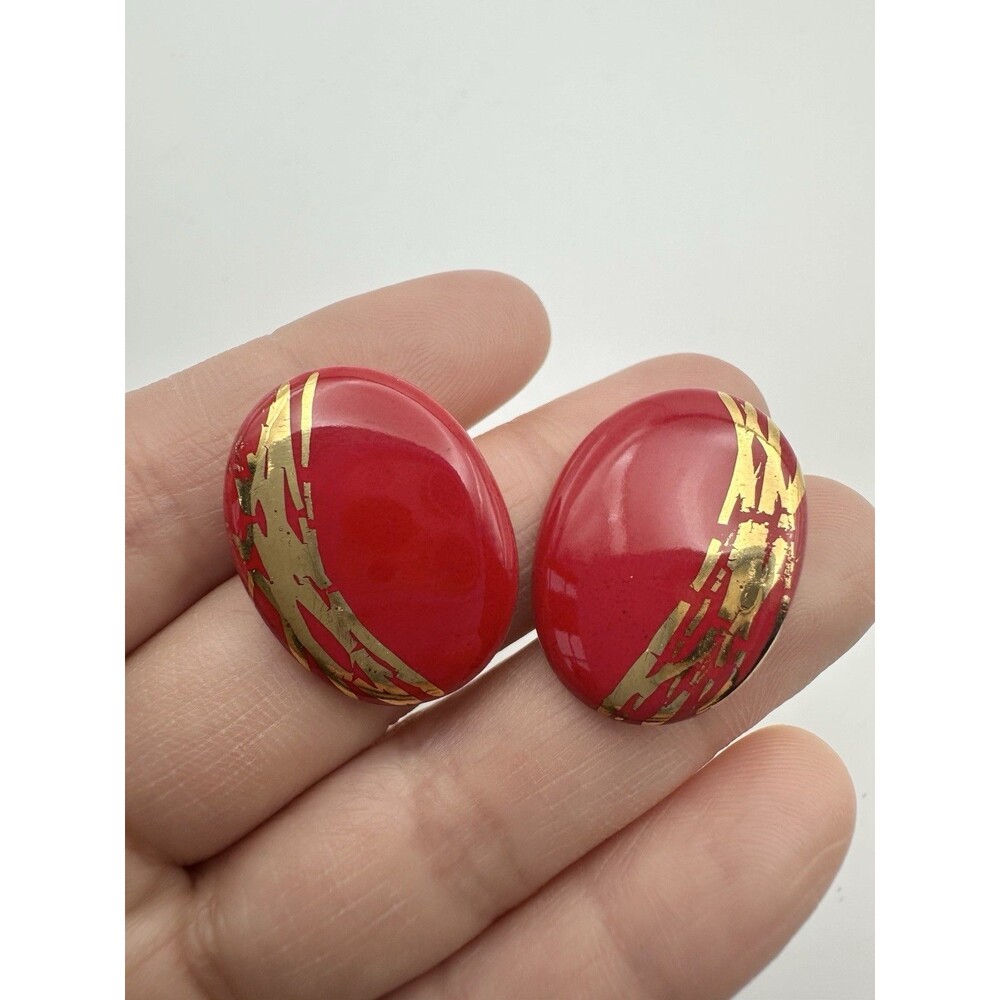 Vintage Handmade Red Gold Ceramic Oval Post Earrings